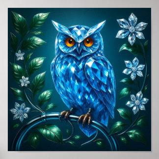Poster Hibou Bleu Brillantsur Branche de Laiton