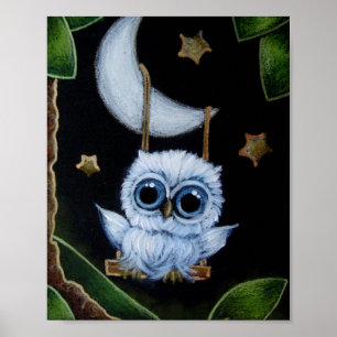POSTER HIBOU BLEU MINUSCULE BALANÇANT DE LA LUNE