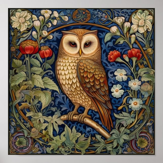 Poster Hibou dans le jardin style William Morris (Devant)