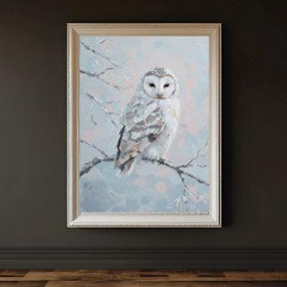 Poster Hibou des neiges sur branche hivernale – Art de la
