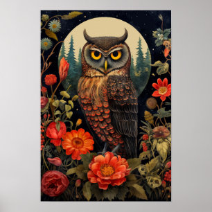 Poster Hibou la nuit avec une pleine lune