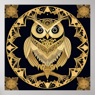 Poster Hibou Ornemental Doré avec Dessin Décoratif