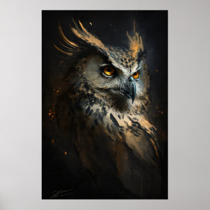 Poster Hibou Portrait Animal Nature Faune Peinture Sombre