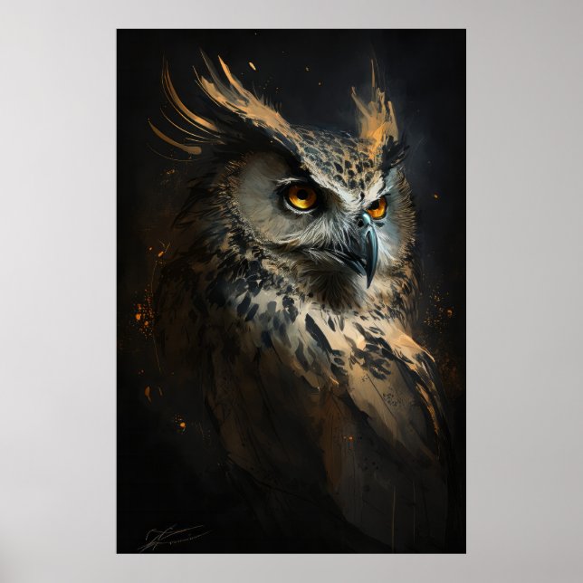Poster Hibou Portrait Animal Nature Faune Peinture Sombre (Devant)