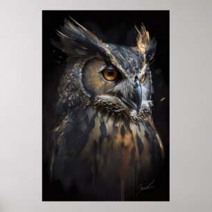 Poster Hibou Portrait Animal Nature Faune Peinture Sombre