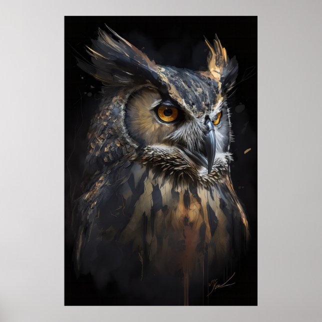 Poster Hibou Portrait Animal Nature Faune Peinture Sombre (Devant)