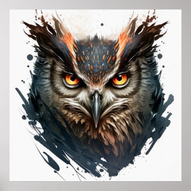 Poster Hibou Portrait Animal Peinture Faune Extérieur Art (Devant)