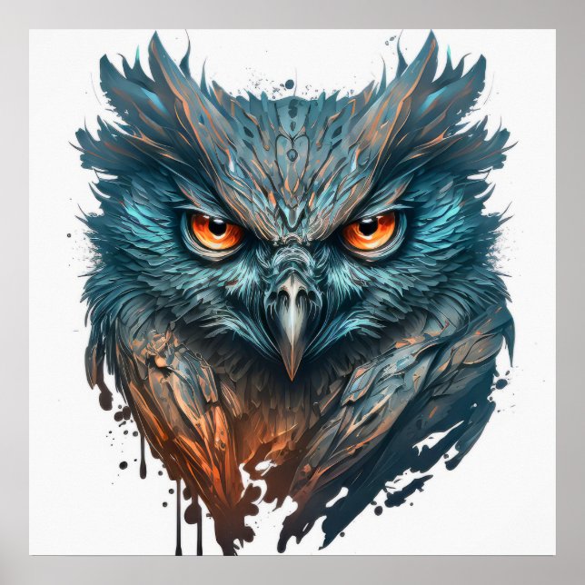 Poster Hibou Portrait Animal Peinture Faune Extérieur Art (Devant)