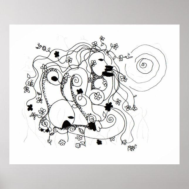 Poster Hidden in the garden. - Ink drawing (Devant)