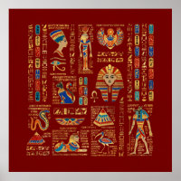 Hiéroglyphes et divinités égyptiennes en rouge