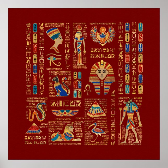 Poster Hiéroglyphes et divinités égyptiennes en rouge (Devant)