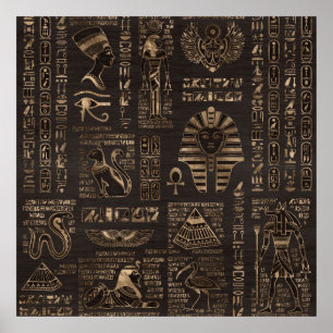 Poster Hiéroglyphes et divinités égyptiennes - or sur boi