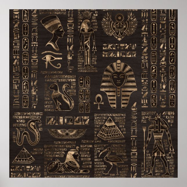 Poster Hiéroglyphes et divinités égyptiennes - or sur boi (Devant)