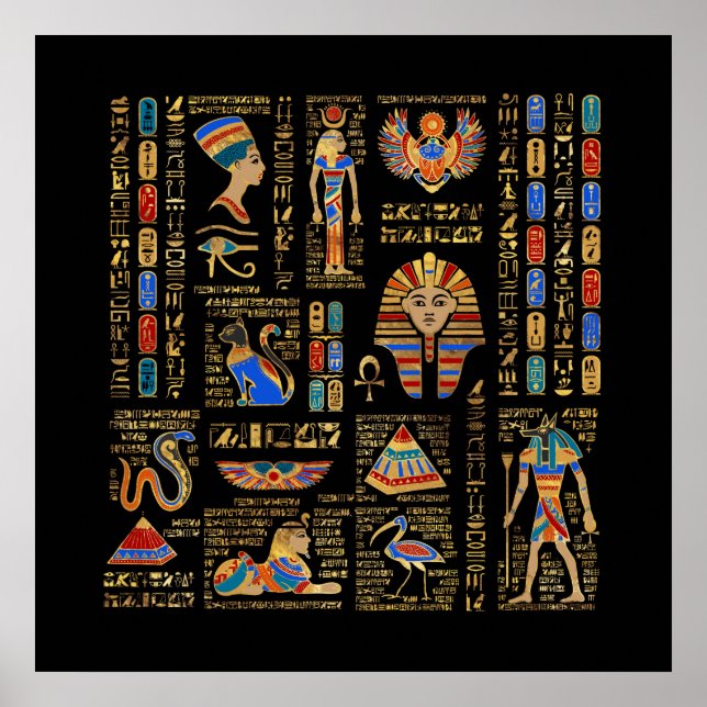 Poster Hiéroglyphes et divinités égyptiennes sur le noir (Devant)