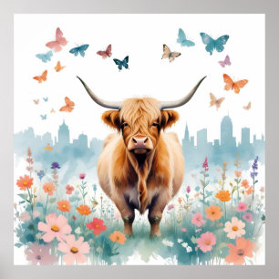 Poster Highland Cow Animal Vintage Nature Forêt Art City