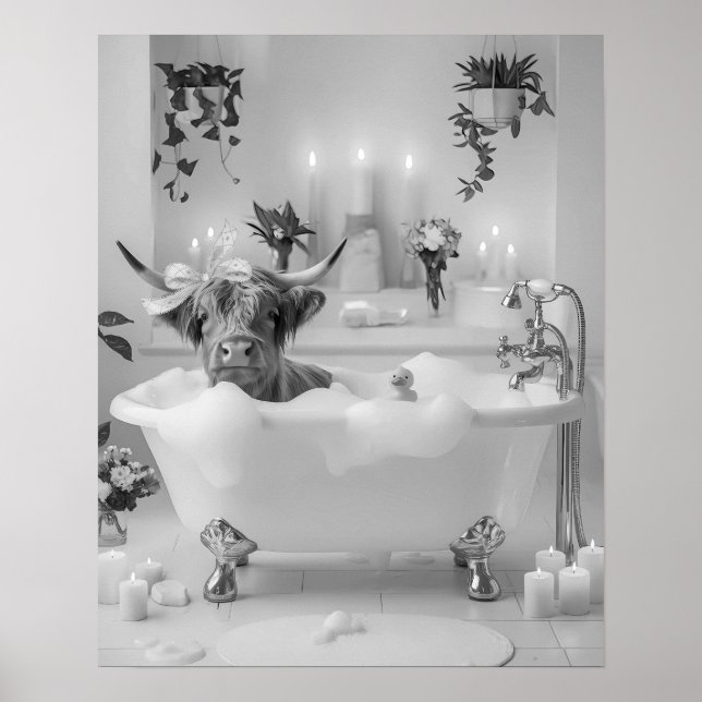Poster Highland Cow Buble Salle de bain noir et blanc (Devant)