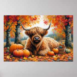 Poster Highland Cow Fall Citrouille Aquarelle