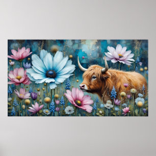 Poster Highland Cow Floral Coloré Cosmos Tapestry II