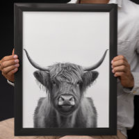 Highland Cow Head Portrait noir blanc