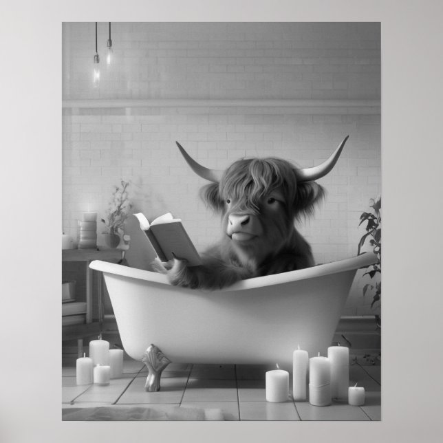 Poster Highland Cow Lecture Bain Noir et blanc Salle de b (Devant)