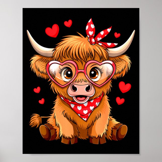 Poster Highland Cow Valentines Day Funny Hearts Valentine (Devant)