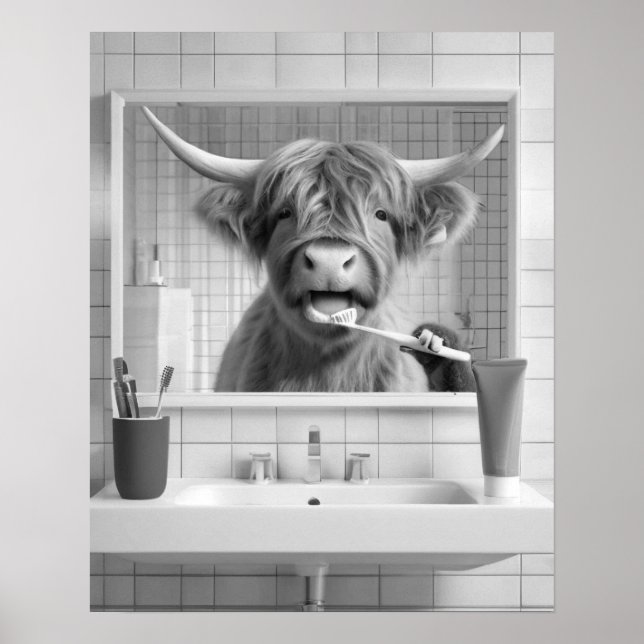 Poster Highland Vache brossant dents Humour dentaire Sall (Devant)
