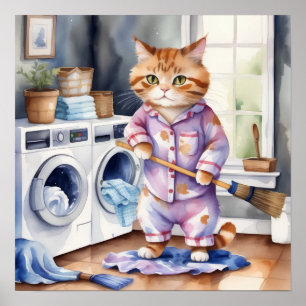 Poster Hilarious mignon chat en pyjama faisant la blanchi