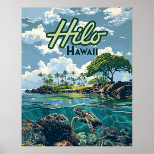Poster Hilo Hawaii Big Island Turtle Beach Vintage
