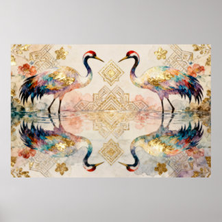 Poster Himmlische Kraniche in Harmonie - Wasserfarben