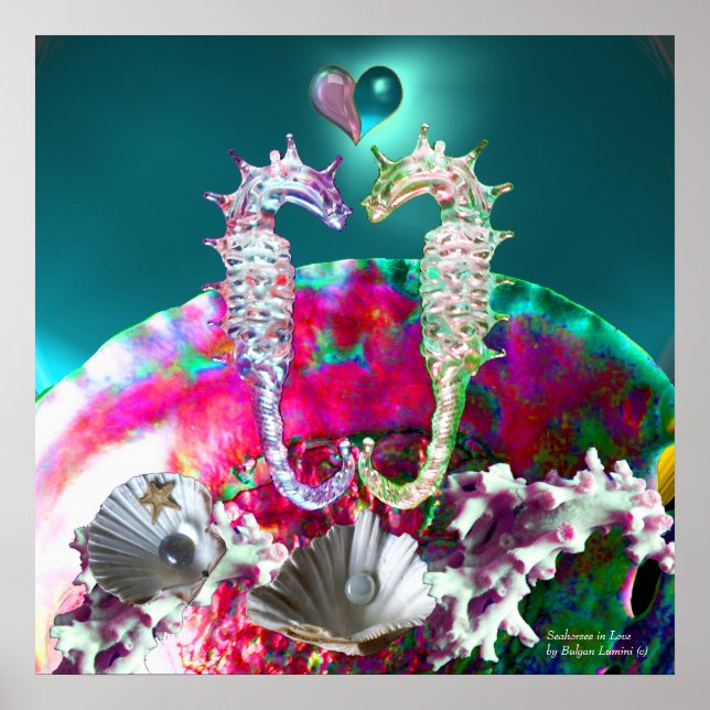 POSTER HIPOCAMPES EN AMOUR, PERLE DE TEINT PINK BLEU (Devant)