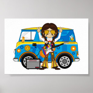 Poster Hippie Boy avec Guitare & Camper Van