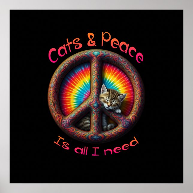 Poster Hippie Tie Dye Amoureux de les chats signe de paix (Devant)