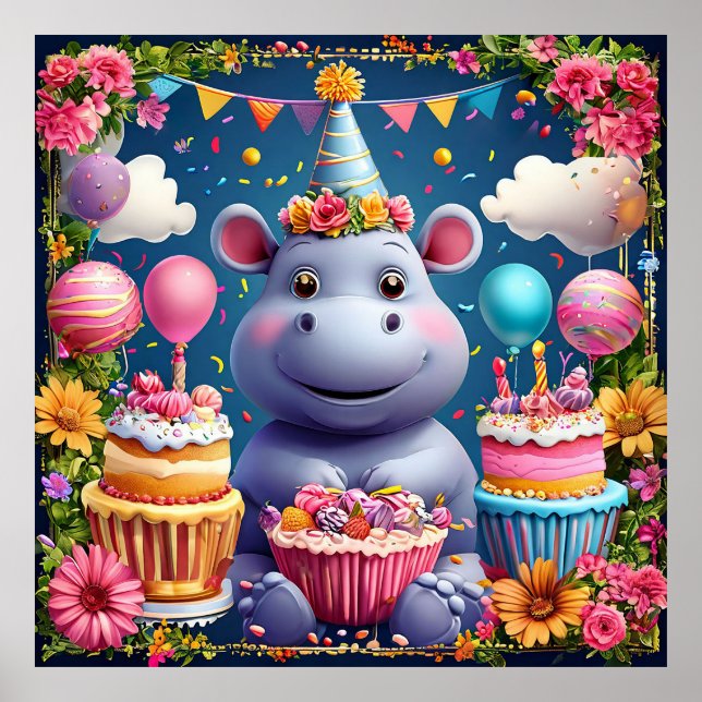 Poster Hippo d'anniversaire avec gâteau et ballons (Devant)