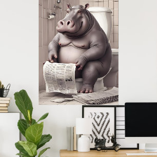 Poster Hippo dans les toilettes Lecture des journaux
