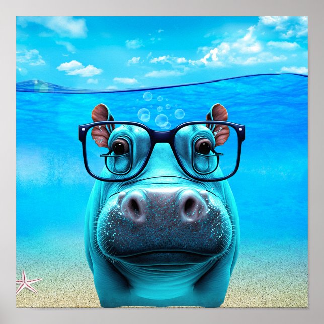 Poster Hippo drôle avec lunettes Hippopotamus Zoo Animal (Devant)