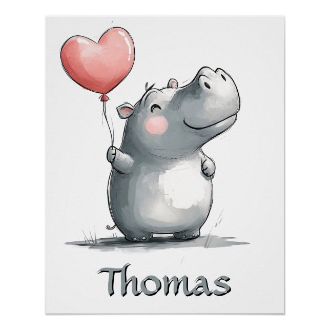 Poster Hippo mignon avec illustration de ballon cardiaque (Devant)