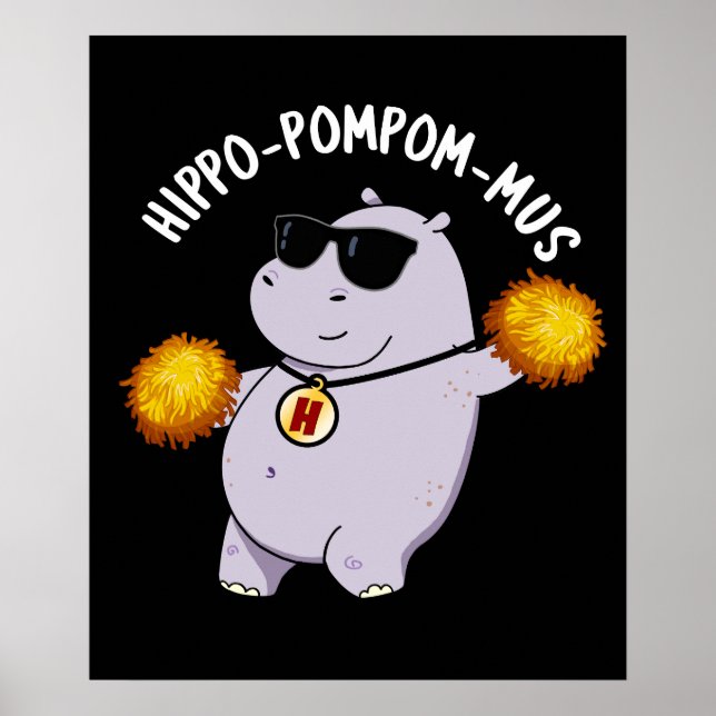 Poster Hippo-pompom-mus drôle Animal Hippo Pun Dark BG (Devant)