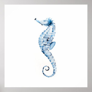 Poster Hippocampe d'aquarelle Imprimer bleu