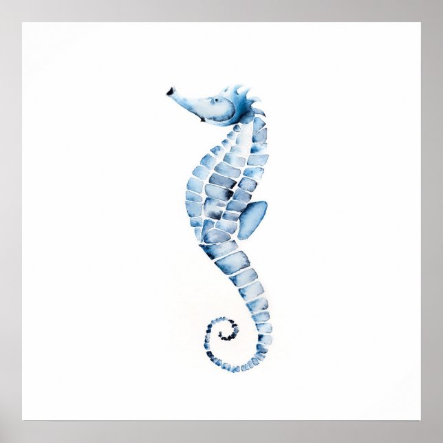 Poster Hippocampe d'aquarelle Imprimer bleu (Devant)