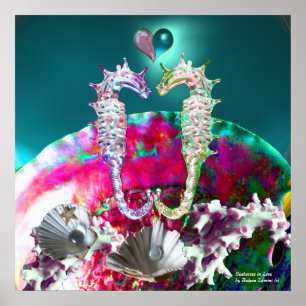 POSTER HIPPOCAMPES AMOUREUX, PERLE ROSE TEAL BLEUE