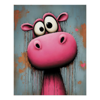 Poster hippopotame rose dans un style de dessin animé