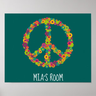 Poster Hippy signe de paix fleurs chambre filles