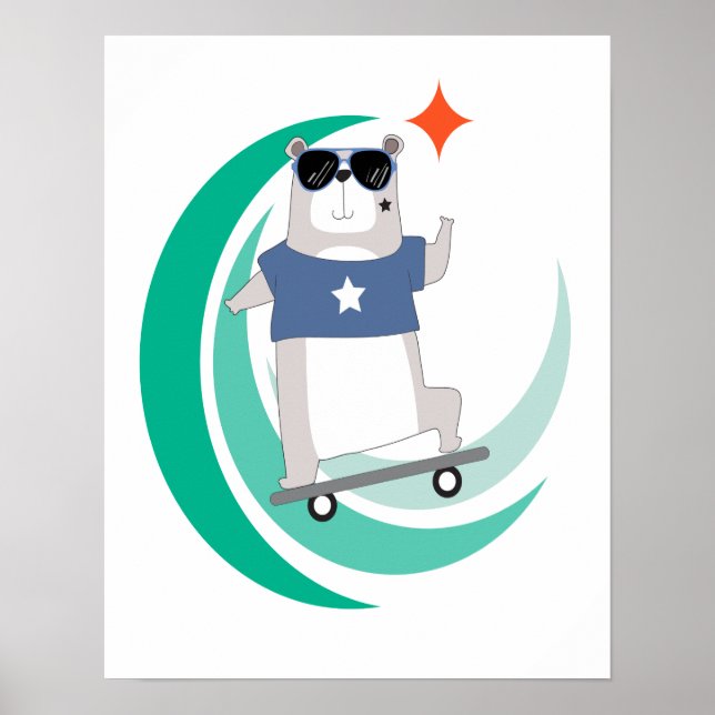 Poster Hipster Bear Riding a Skateboard (Devant)