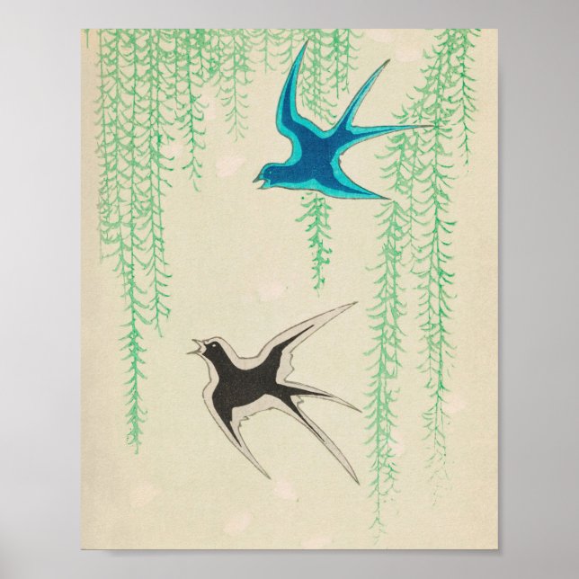 Poster Hirondelles printanières sur les saules Oiseaux ja (Devant)