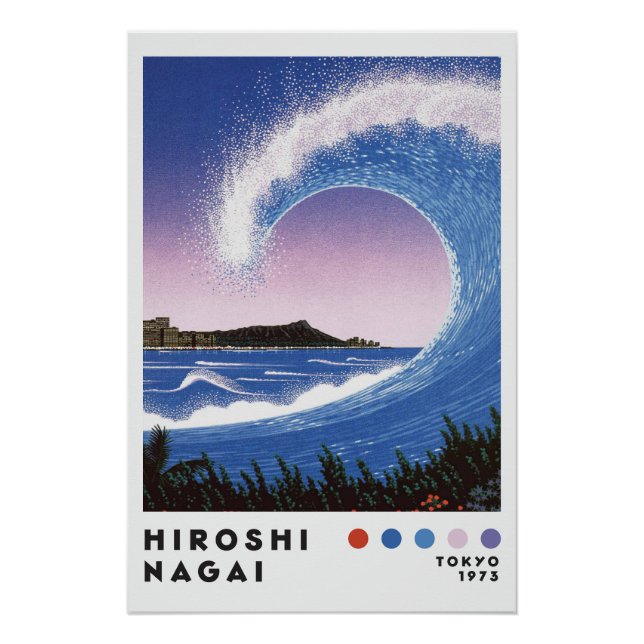 Poster Hiroshi Nagai Inspired Ocean Wave Retro Art Print (Devant)