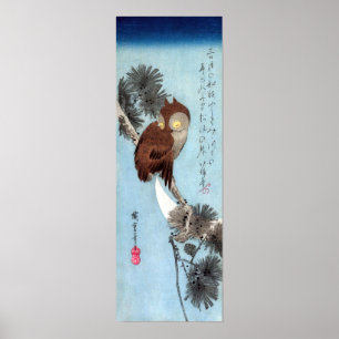 Poster Hiroshige - Chouette à cornes, pin et lune à crois