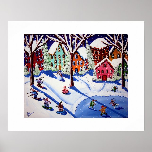 Poster Hiver Amusants Enfants Folk Art Snowboard Patinage (Devant)