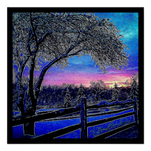 Poster hiver arbres impressionnisme soleil paysage