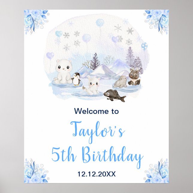 Poster Hiver Arctic Animaux Bienvenue à l'anniversaire (Devant)