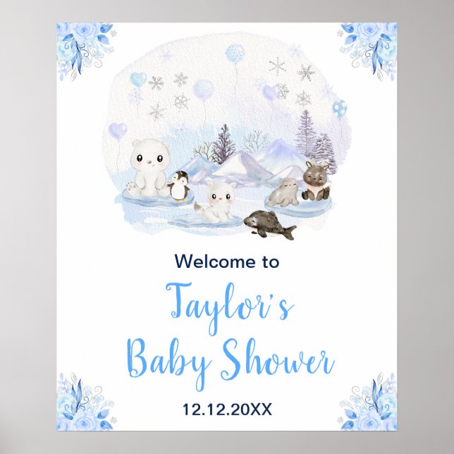 Poster Hiver Arctique Animaux Baby shower Bienvenue (Devant)